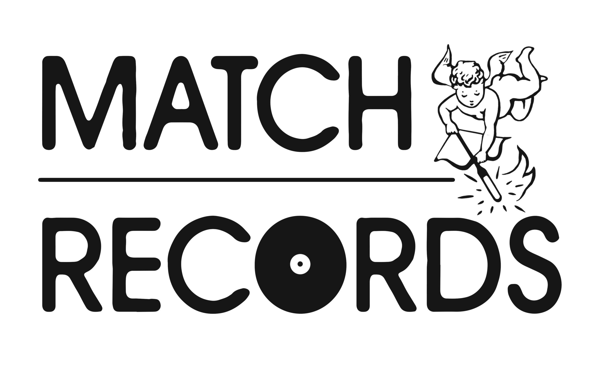 the word match over the word records with a straight line in between the words the O in Records in a vinyl record next to the words is a cupid flying with a bow and arrow 