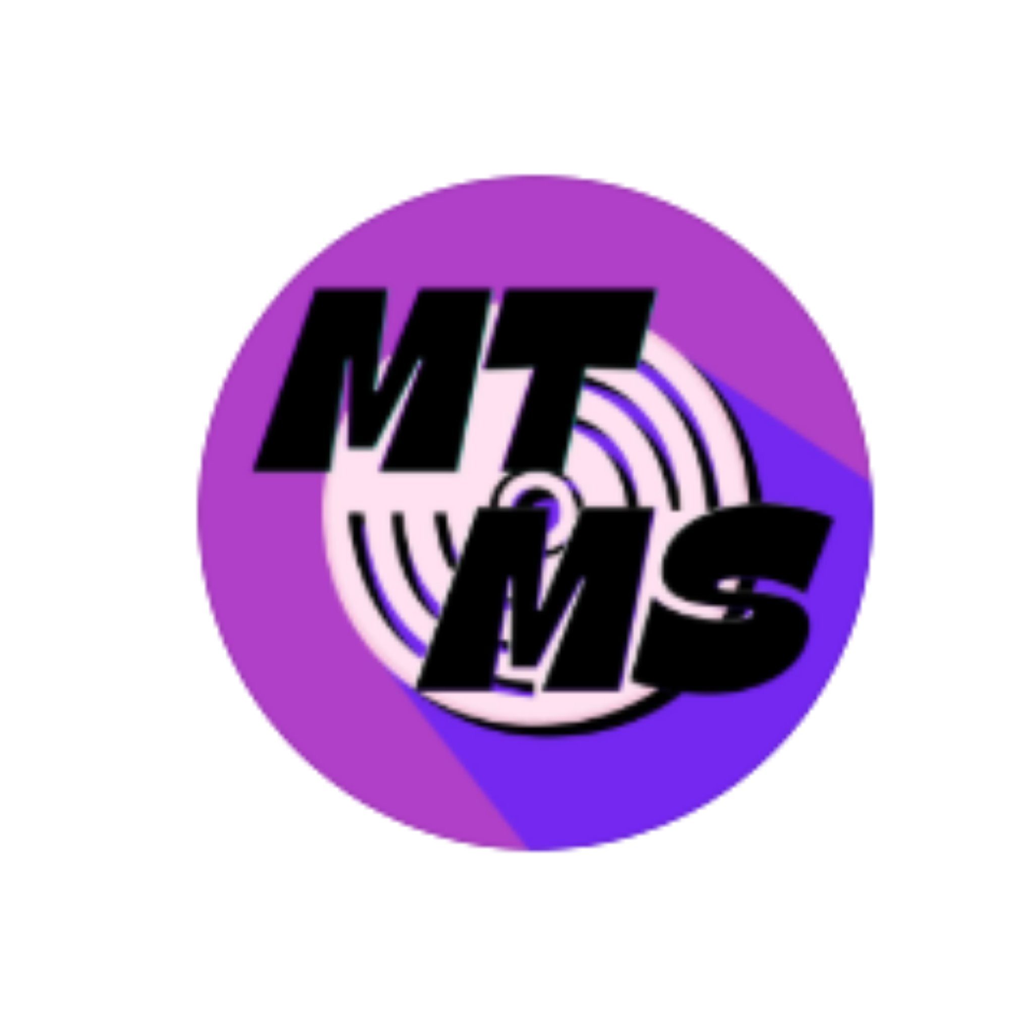 pink and purple back ground with a light pink record with black letters MTMS hovering over the record